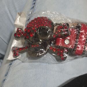 Red Skull and Crossbones Belt With Large Skull Buckle